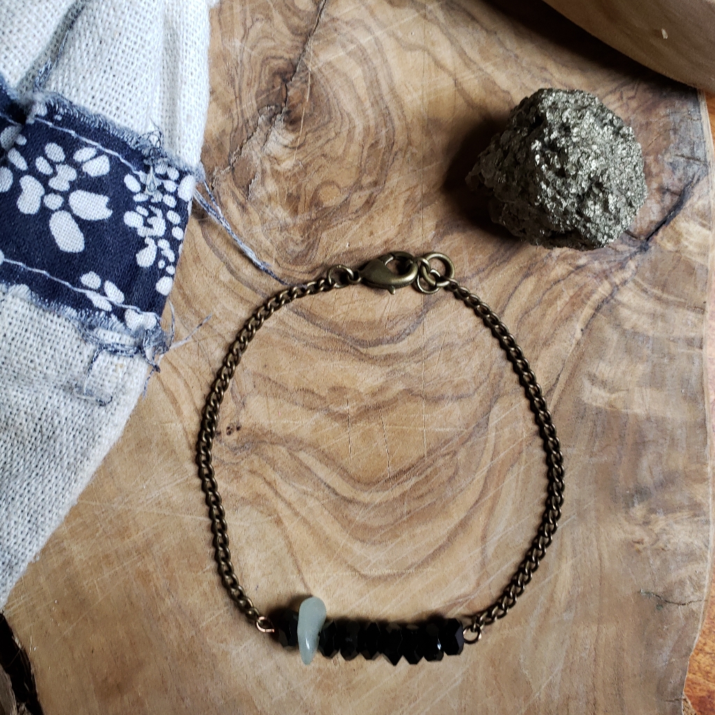 Handmade Black Rondelle Glass & Green Stone Antique Bronze Bracelet